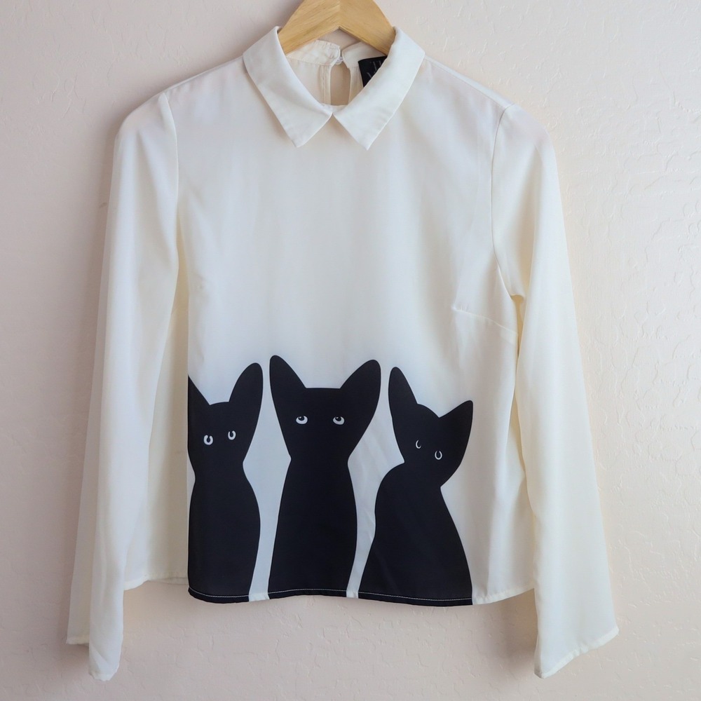 The Moon Cream Long Sleeve Chiffon Blouse Black Cat Print Collar Top Women's S - Picture 8 of 12